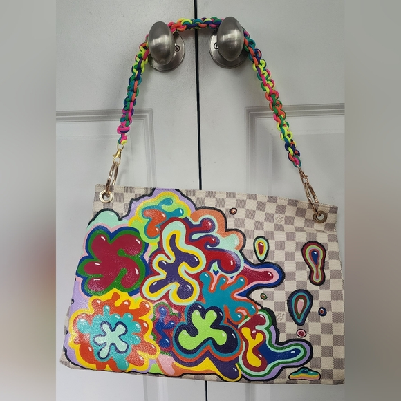 Colorful Custom Painted Designer Inspired Handbag w/ Custom Neon Paracord Strap - Picture 2 of 8